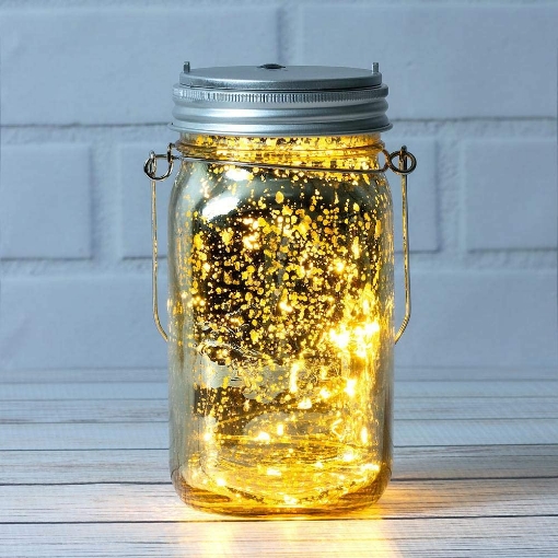 Picture of Fantado Wide Mouth Gold Mercury Glass Mason Jar w/ Hanging Warm White LED Fairy Light Kit (Battery Powered)