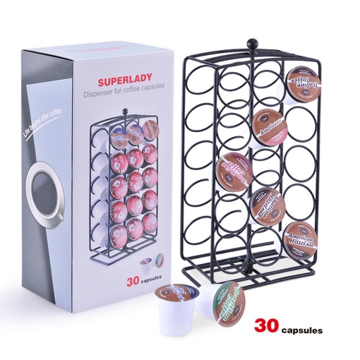 صورة مضخة قهوة سوبر ليدي تحمل K-CUP ، تحمل حتى 30 قطعة ، دوران 360 درجة ، تشطيب مطلي بالكروم ، لون أسود