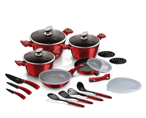 Picture of BH 22 pcs Pots 20+24+28 +frypan 20 +Frypan detachable handle 24 + 4 kitchen tools + 3 Knifes + 5 STACKABLE Plastic lid + 2 pcs bakelite mats Burgundy 